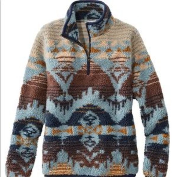 LL Bean Signature Sherpa Fleece Pullover 1/4 Zip Jacquard blue brown cream Mediu - Picture 9 of 11